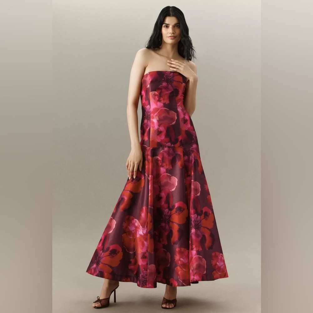 NWT Hutch Maria Strapless Floral A-Line Maxi Dress Wedding Guest Prom Red XS S 2